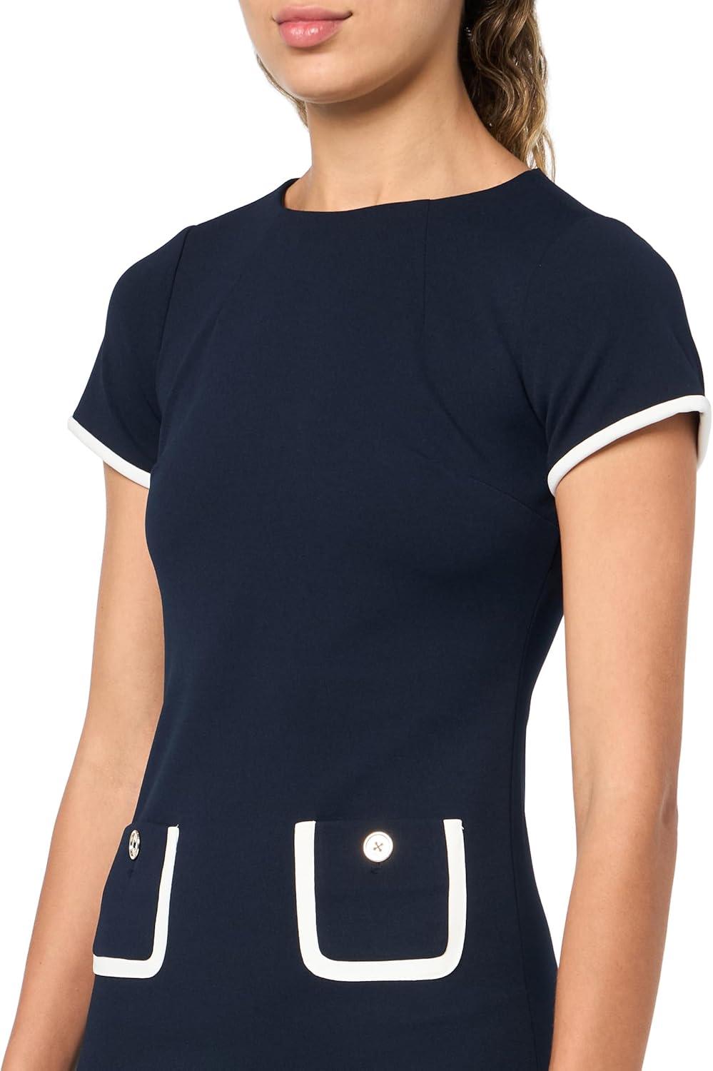 imageTommy Hilfiger Womens Short Sleeve Jewel Neck Contrast Piping Mini Shift DressSky CaptainIvory