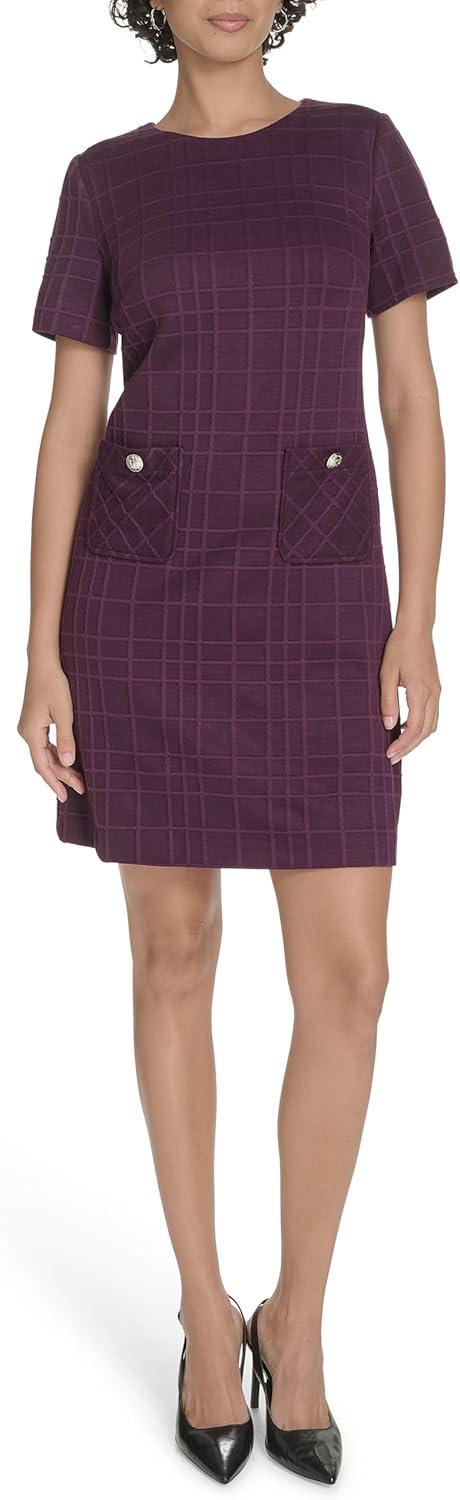 imageTommy Hilfiger Womens Short Sleeve Jewel Neck Novelty Button Mini Shift DressAubergine