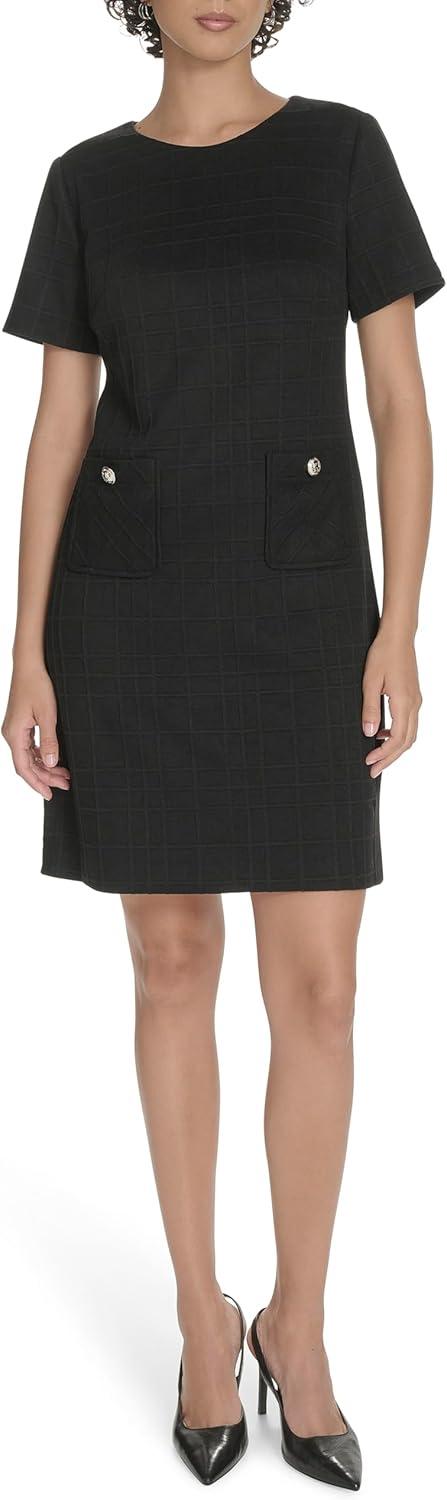imageTommy Hilfiger Womens Short Sleeve Jewel Neck Novelty Button Mini Shift DressBlack