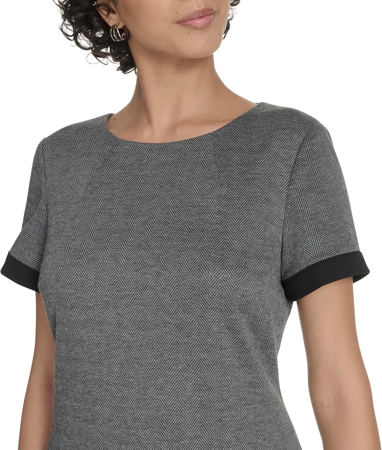 imageTommy Hilfiger Womens Short Sleeve Jewel Neck Novelty Button Mini Shift DressBlackGrey
