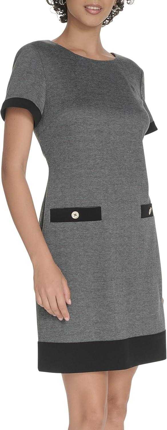 imageTommy Hilfiger Womens Short Sleeve Jewel Neck Novelty Button Mini Shift DressBlackGrey
