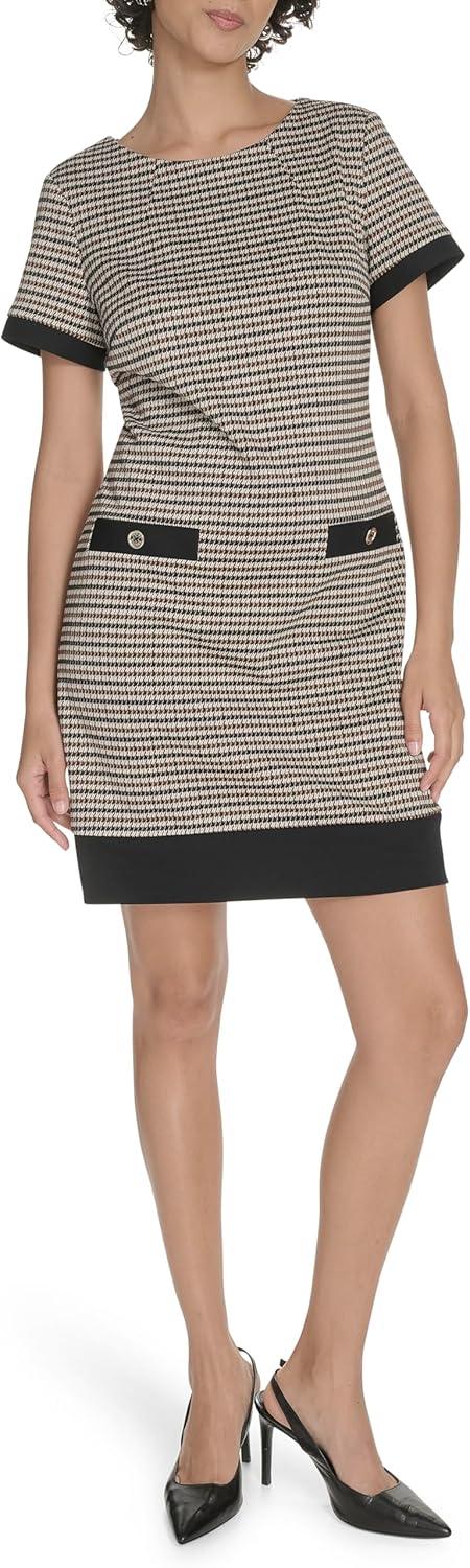 imageTommy Hilfiger Womens Short Sleeve Jewel Neck Novelty Button Mini Shift DressBrown Multi
