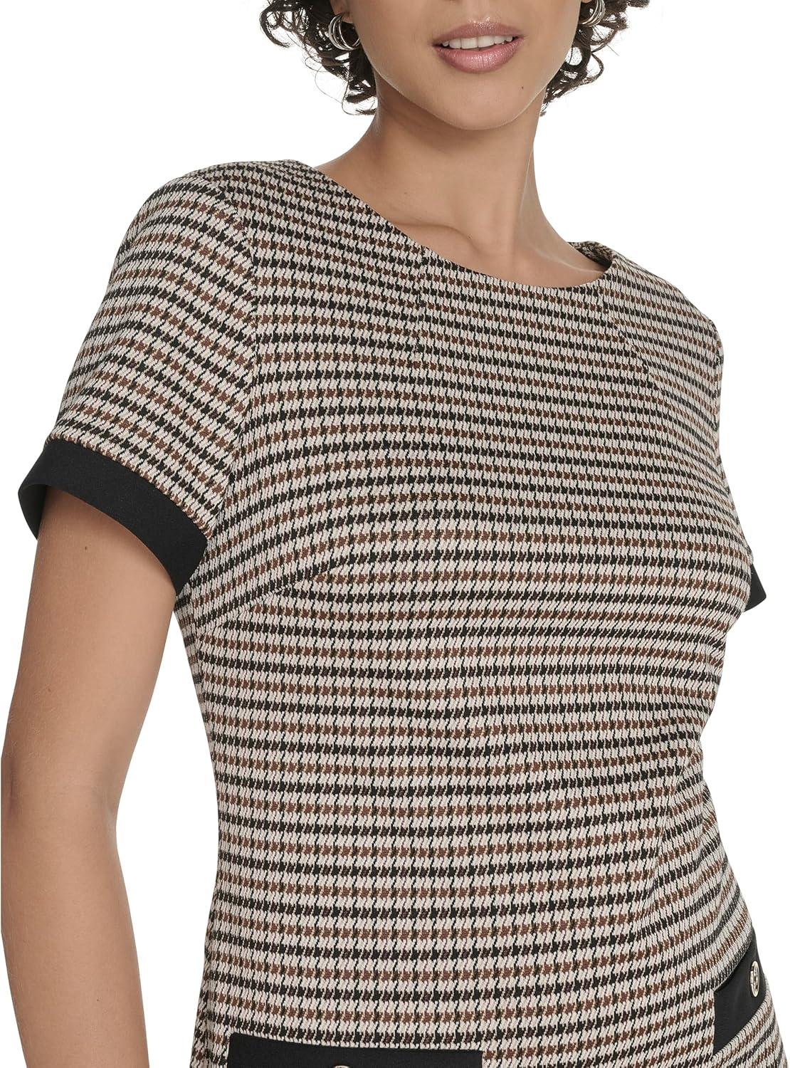 imageTommy Hilfiger Womens Short Sleeve Jewel Neck Novelty Button Mini Shift DressBrown Multi