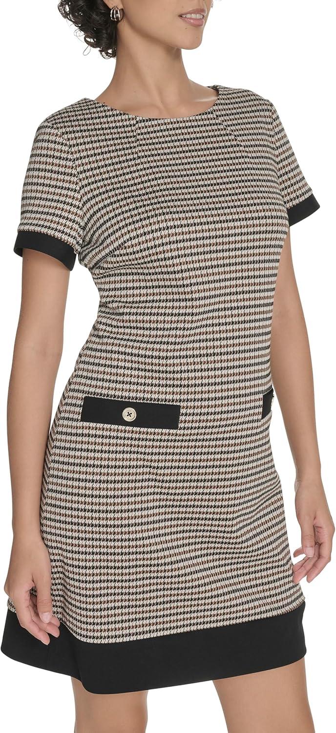 imageTommy Hilfiger Womens Short Sleeve Jewel Neck Novelty Button Mini Shift DressBrown Multi