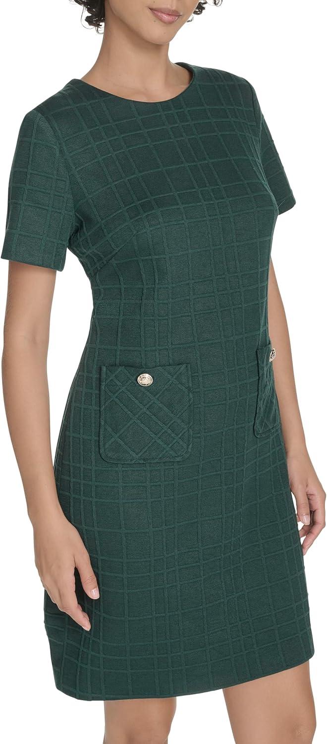 imageTommy Hilfiger Womens Short Sleeve Jewel Neck Novelty Button Mini Shift DressCypress