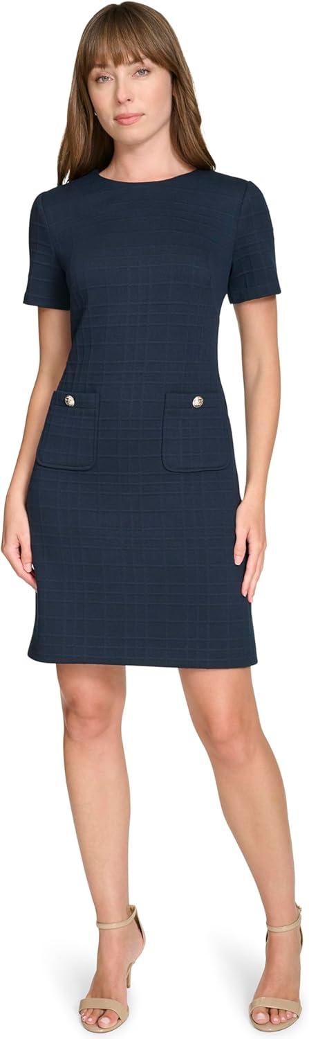imageTommy Hilfiger Womens Short Sleeve Jewel Neck Novelty Button Mini Shift DressSky Captain Blue