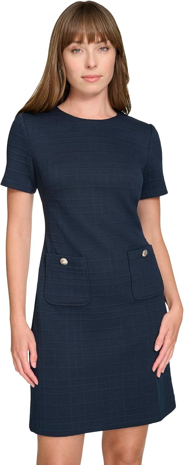 imageTommy Hilfiger Womens Short Sleeve Jewel Neck Novelty Button Mini Shift DressSky Captain Blue