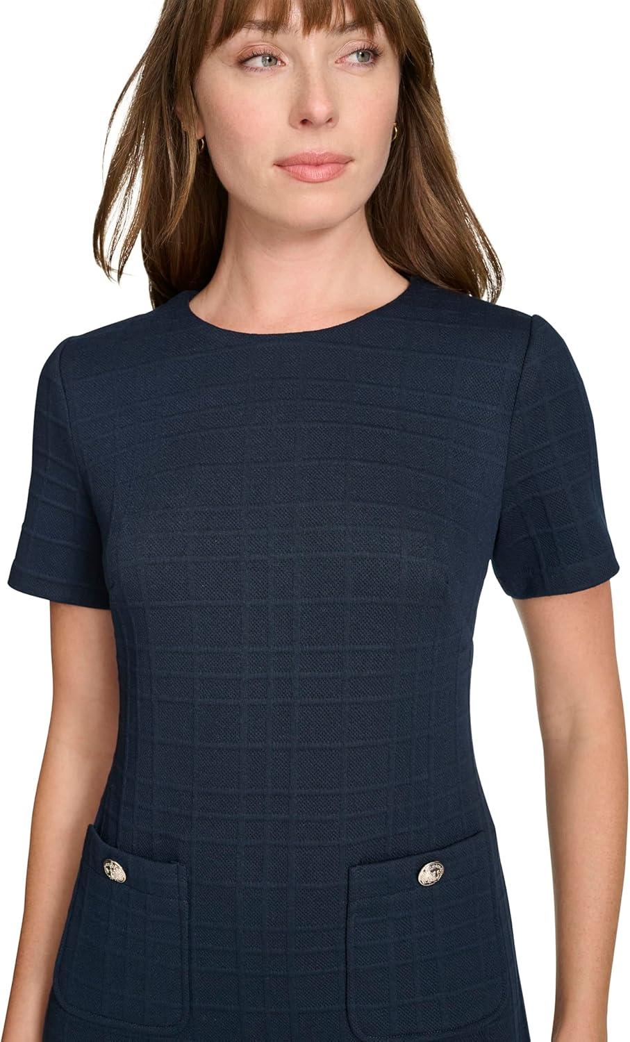 imageTommy Hilfiger Womens Short Sleeve Jewel Neck Novelty Button Mini Shift DressSky Captain Blue