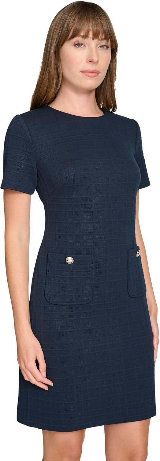 imageTommy Hilfiger Womens Short Sleeve Jewel Neck Novelty Button Mini Shift DressSky Captain Blue