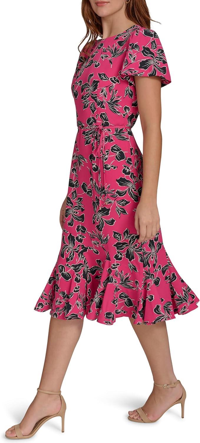 imageTommy Hilfiger Womens Short Sleeve Pleated Hem Rope Belt Midi DressHot Pink Multi