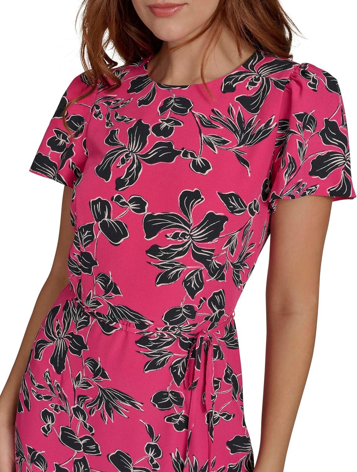 imageTommy Hilfiger Womens Short Sleeve Pleated Hem Rope Belt Midi DressHot Pink Multi