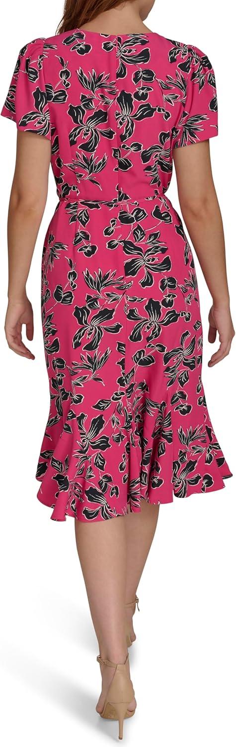 imageTommy Hilfiger Womens Short Sleeve Pleated Hem Rope Belt Midi DressHot Pink Multi