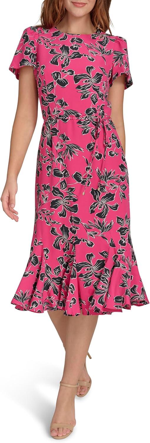 imageTommy Hilfiger Womens Short Sleeve Pleated Hem Rope Belt Midi DressHot Pink Multi