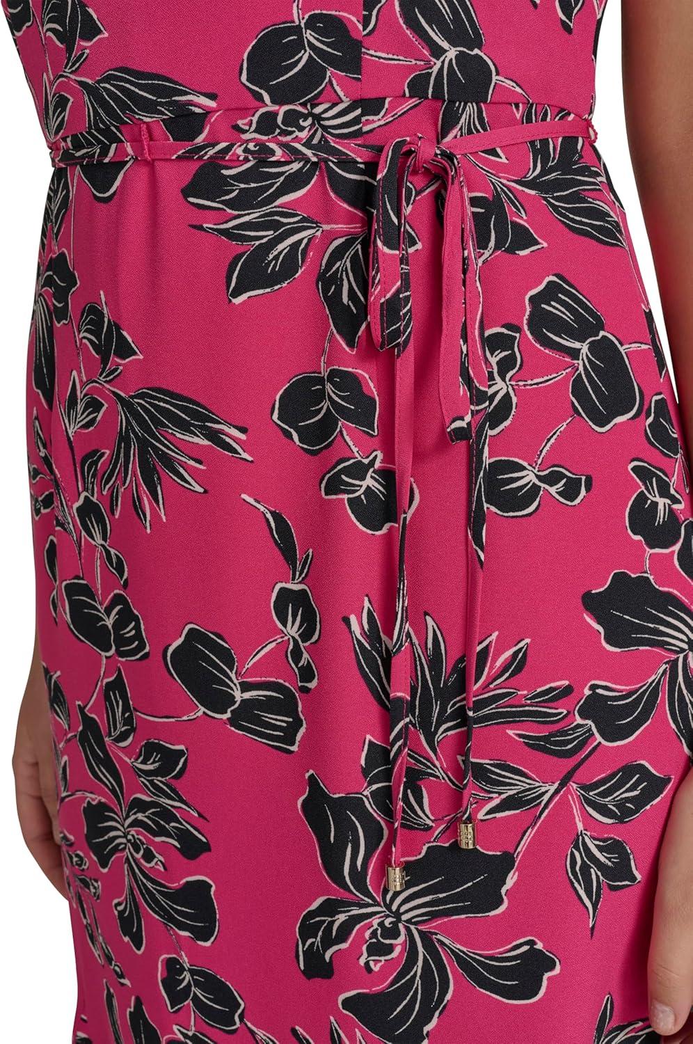 imageTommy Hilfiger Womens Short Sleeve Pleated Hem Rope Belt Midi DressHot Pink Multi