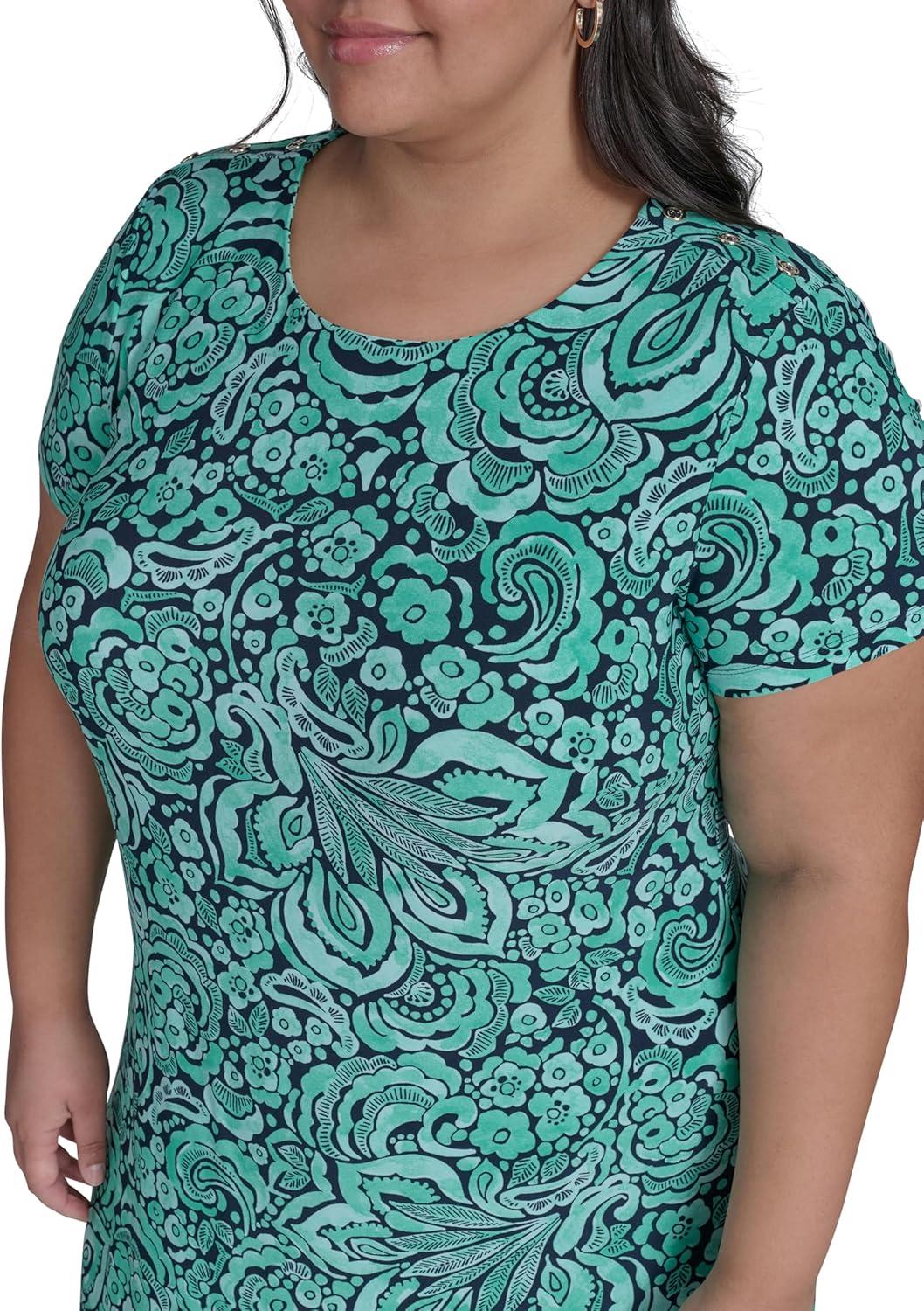 imageTommy Hilfiger Womens Short Sleeve Round Neck Jersey Mini Shift DressParakeet Multi