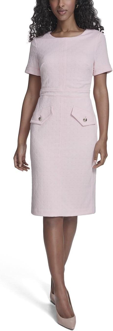 imageTommy Hilfiger Womens Short Sleeve Round Neck Novelty Button Tweed Mini Sheath DressBallerina Pink