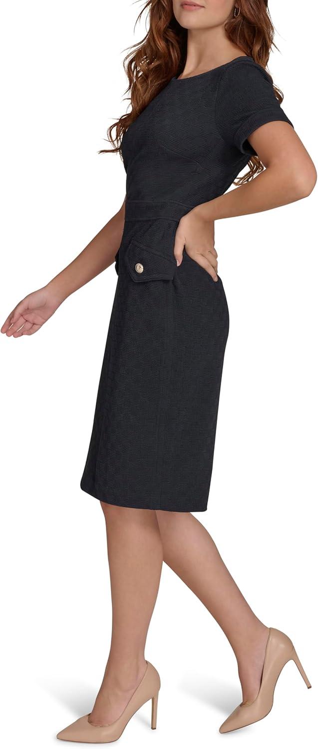imageTommy Hilfiger Womens Short Sleeve Round Neck Novelty Button Tweed Mini Sheath DressSky Captain Blue
