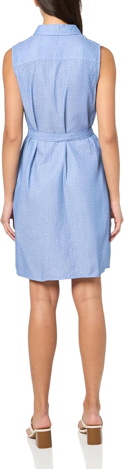 imageTommy Hilfiger Womens Sleeveless Collared Button Front Tie Waist Mini Shirt DressBlueIvory
