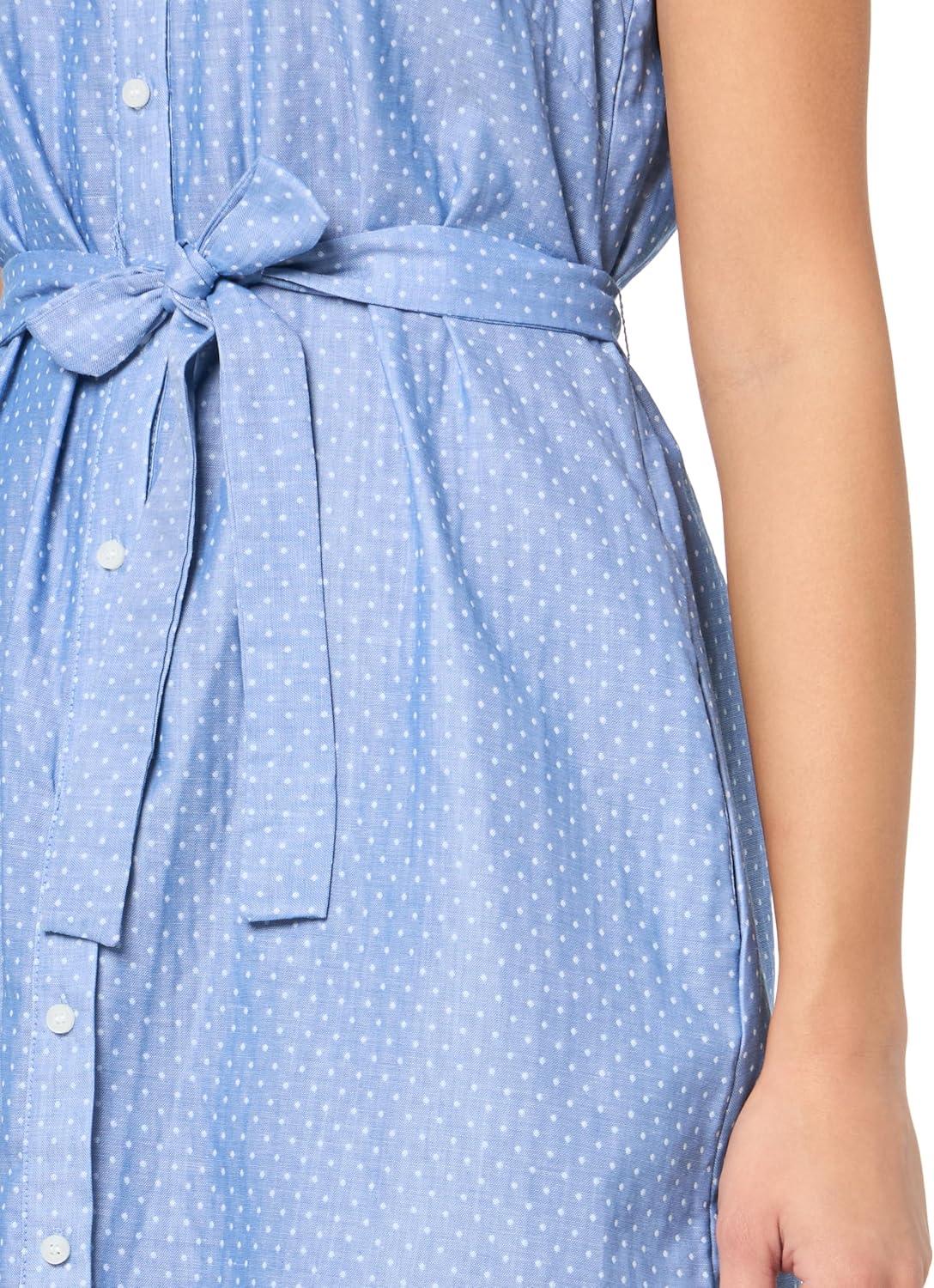 imageTommy Hilfiger Womens Sleeveless Collared Button Front Tie Waist Mini Shirt DressBlueIvory