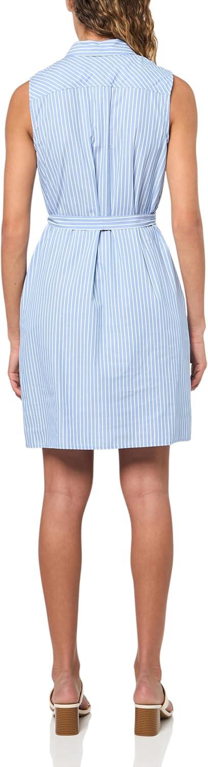 imageTommy Hilfiger Womens Sleeveless Collared Button Front Tie Waist Mini Shirt DressFrench BlueBright White