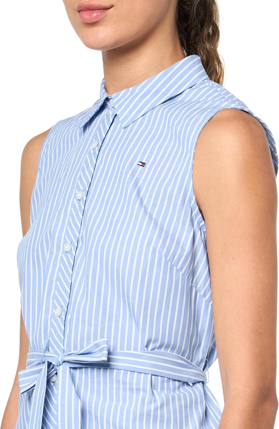 imageTommy Hilfiger Womens Sleeveless Collared Button Front Tie Waist Mini Shirt DressFrench BlueBright White