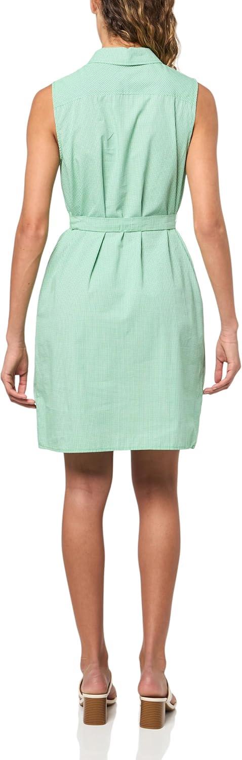 imageTommy Hilfiger Womens Sleeveless Collared Button Front Tie Waist Mini Shirt DressGreenBright White
