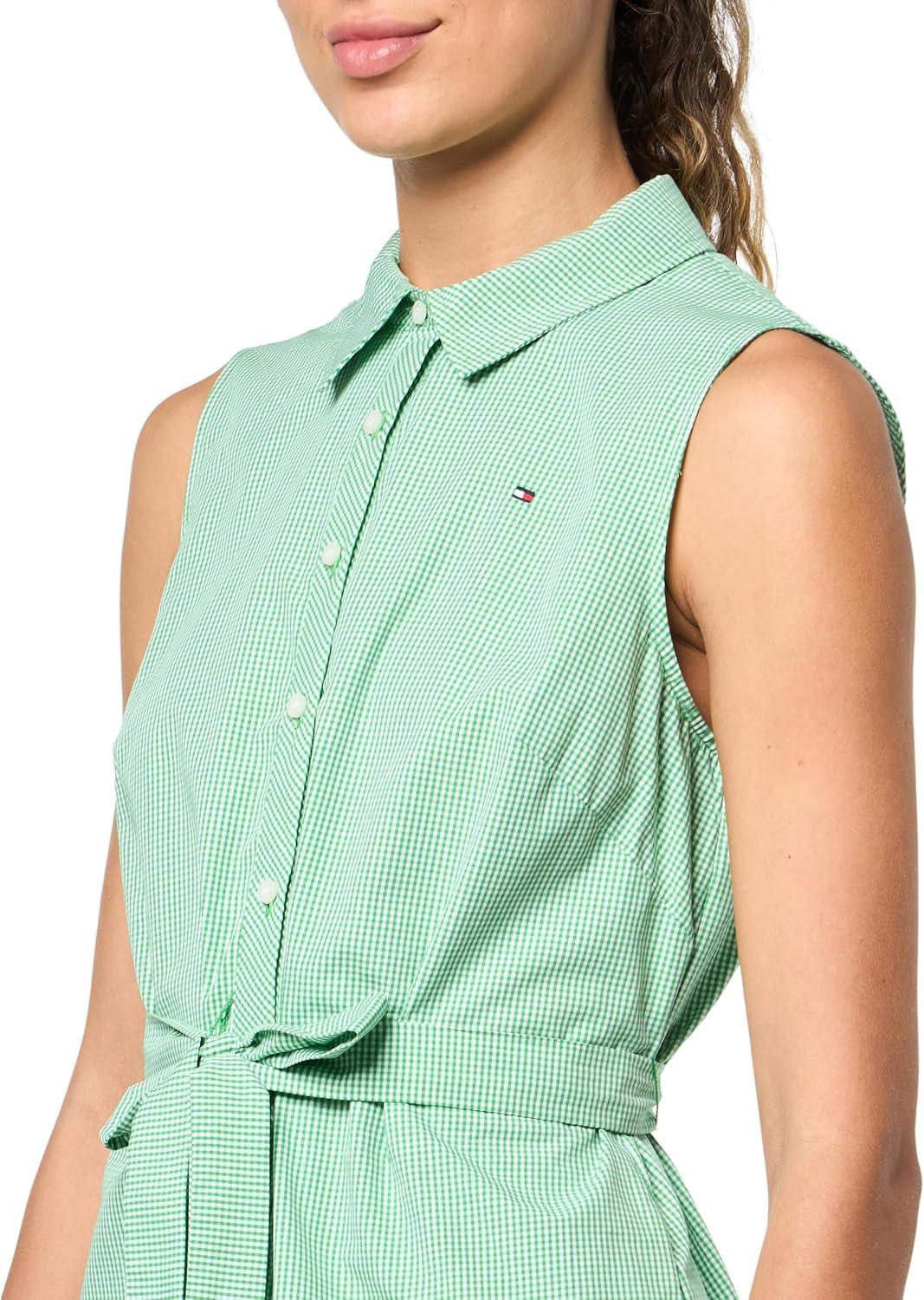 imageTommy Hilfiger Womens Sleeveless Collared Button Front Tie Waist Mini Shirt DressGreenBright White