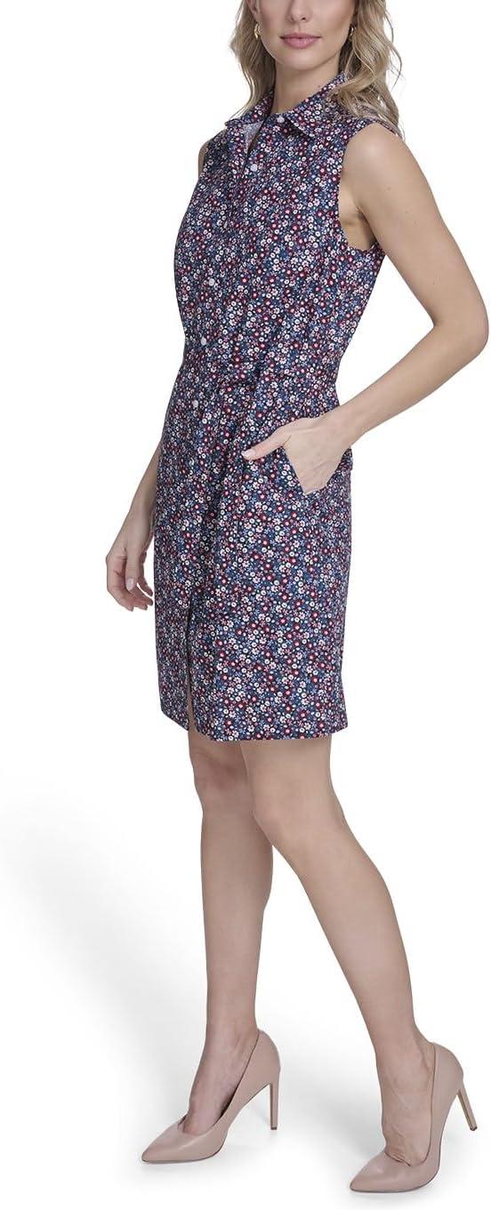 imageTommy Hilfiger Womens Sleeveless Collared Button Front Tie Waist Mini Shirt DressSky Captain Multi