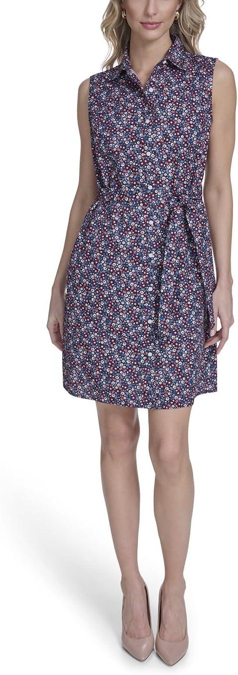 imageTommy Hilfiger Womens Sleeveless Collared Button Front Tie Waist Mini Shirt DressSky Captain Multi