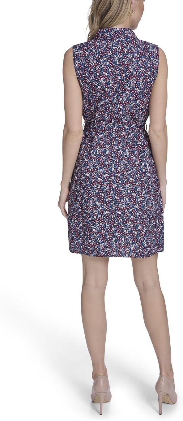 imageTommy Hilfiger Womens Sleeveless Collared Button Front Tie Waist Mini Shirt DressSky Captain Multi