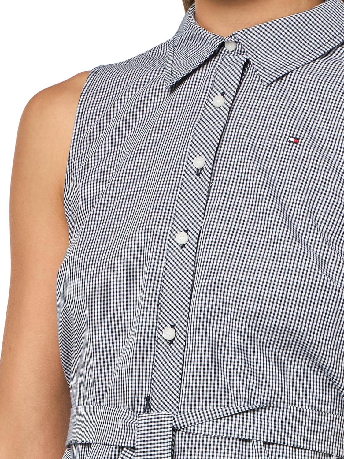 imageTommy Hilfiger Womens Sleeveless Collared Button Front Tie Waist Mini Shirt DressSky CaptainBright White