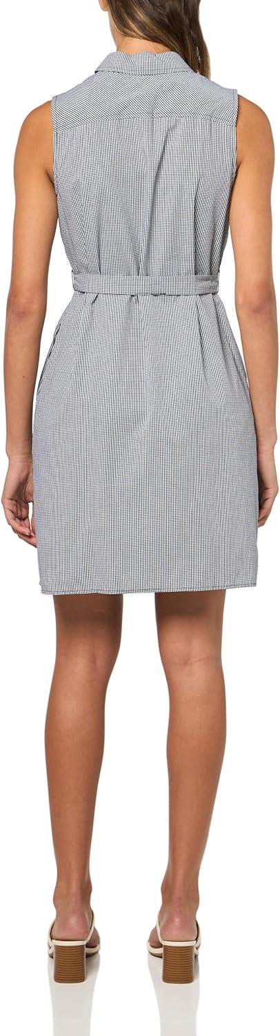 imageTommy Hilfiger Womens Sleeveless Collared Button Front Tie Waist Mini Shirt DressSky CaptainBright White