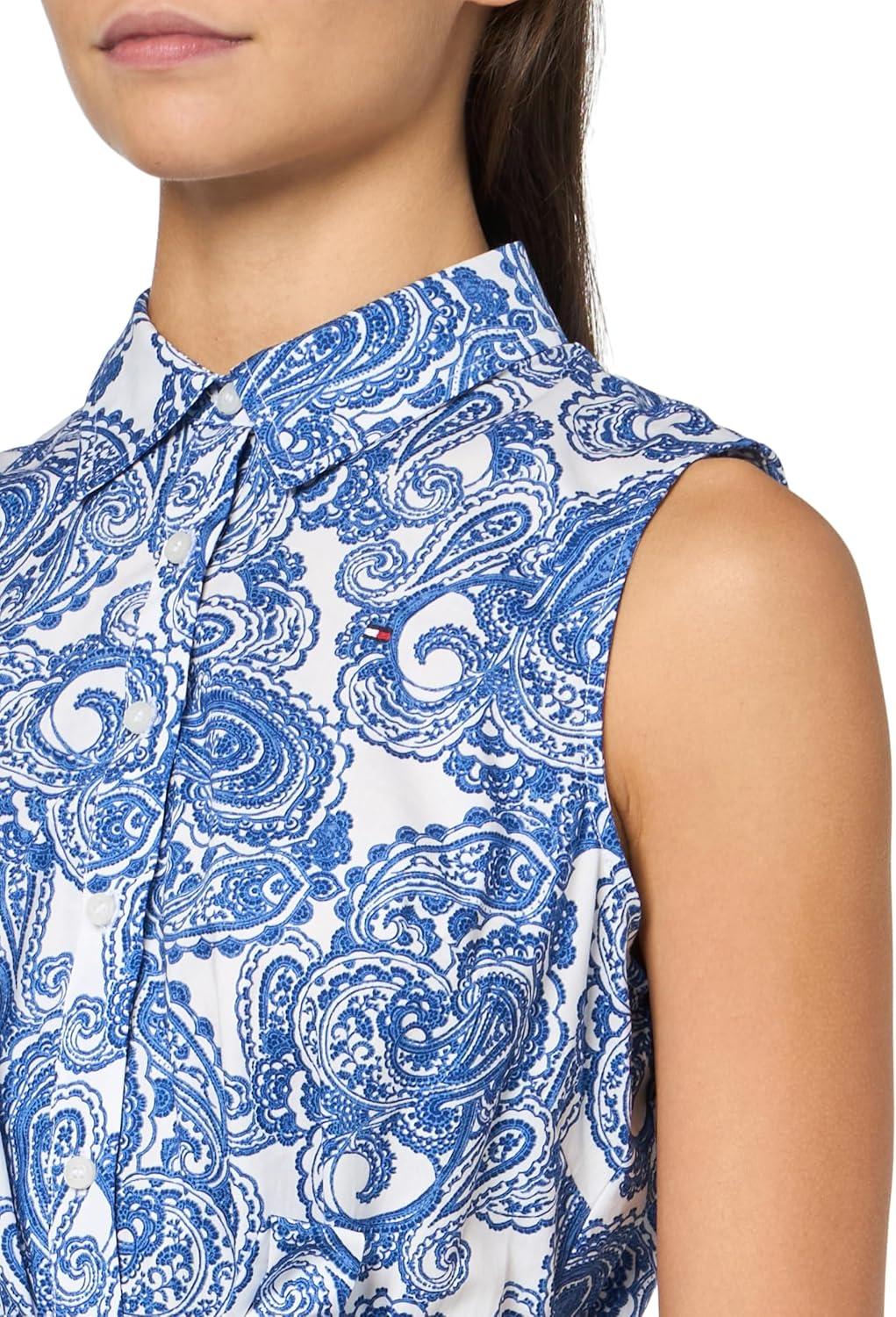 imageTommy Hilfiger Womens Sleeveless Collared Button Front Tie Waist Mini Shirt DressWhiteFrench Blue