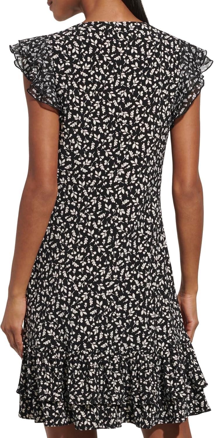 imageTommy Hilfiger Womens Sleeveless Crew Neck Double Ruffle Hem Jersey Shift Mini DressBlackIvory