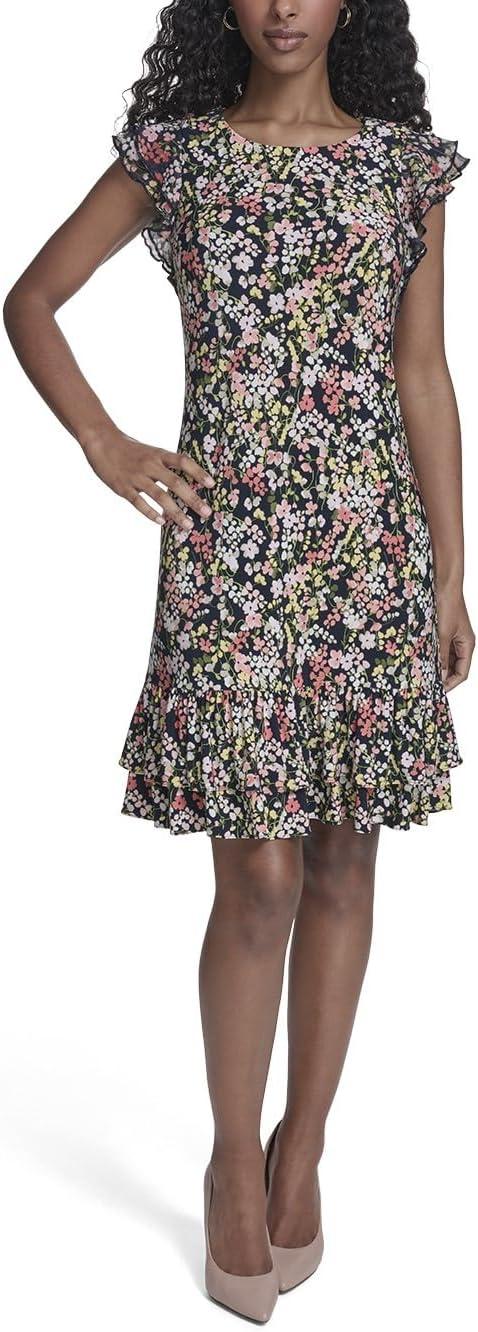 imageTommy Hilfiger Womens Sleeveless Crew Neck Double Ruffle Hem Jersey Shift Mini DressSky Captain Multi