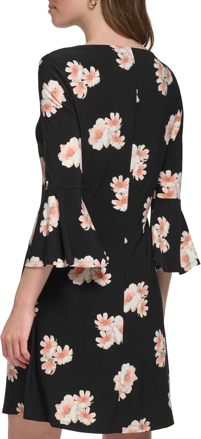 imageTommy Hilfiger Womens Sleeveless Crew Neck Floral Print Jersey Shift DressBlackPink Coral