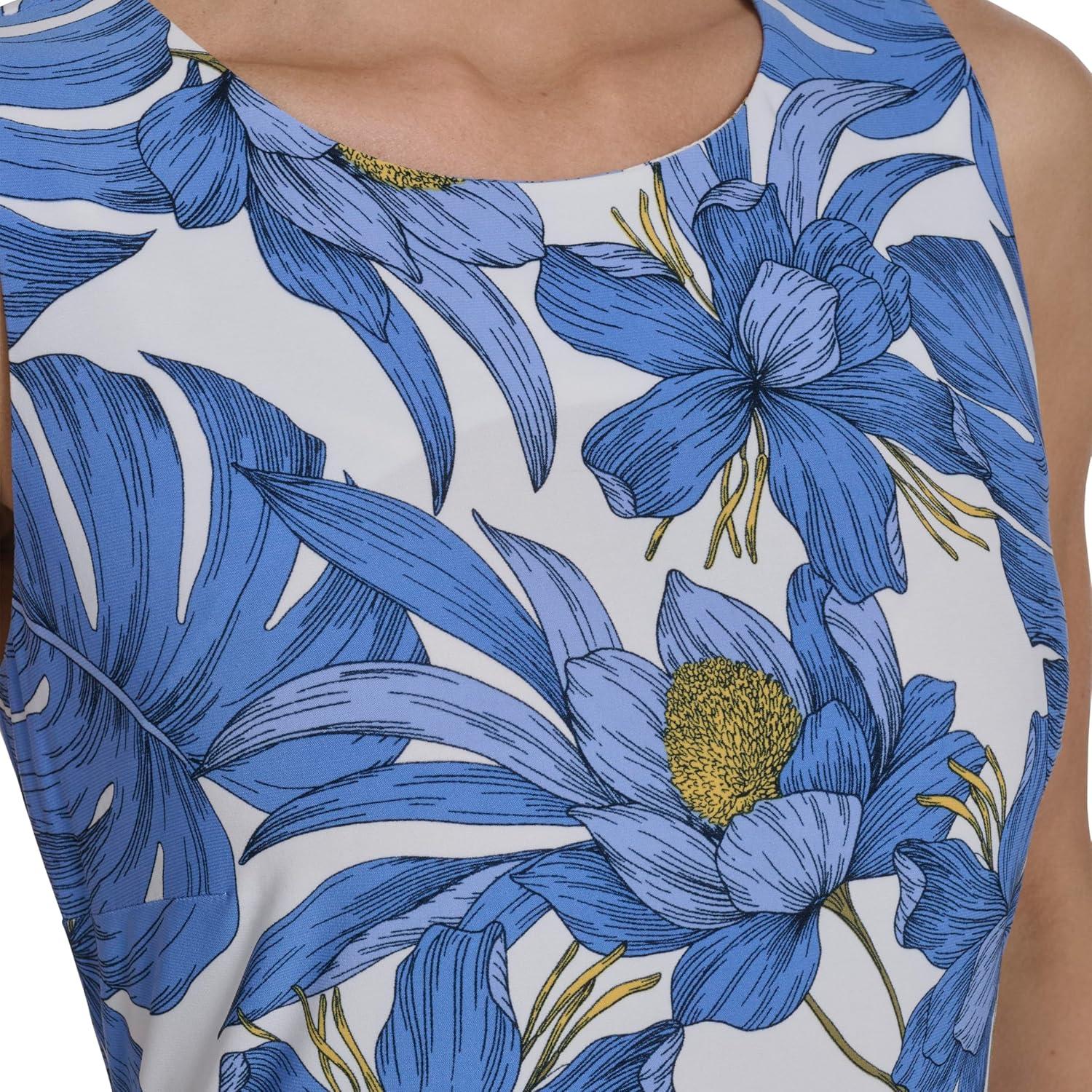 imageTommy Hilfiger Womens Sleeveless Crew Neck Floral Print Jersey Shift DressIvory French Blue