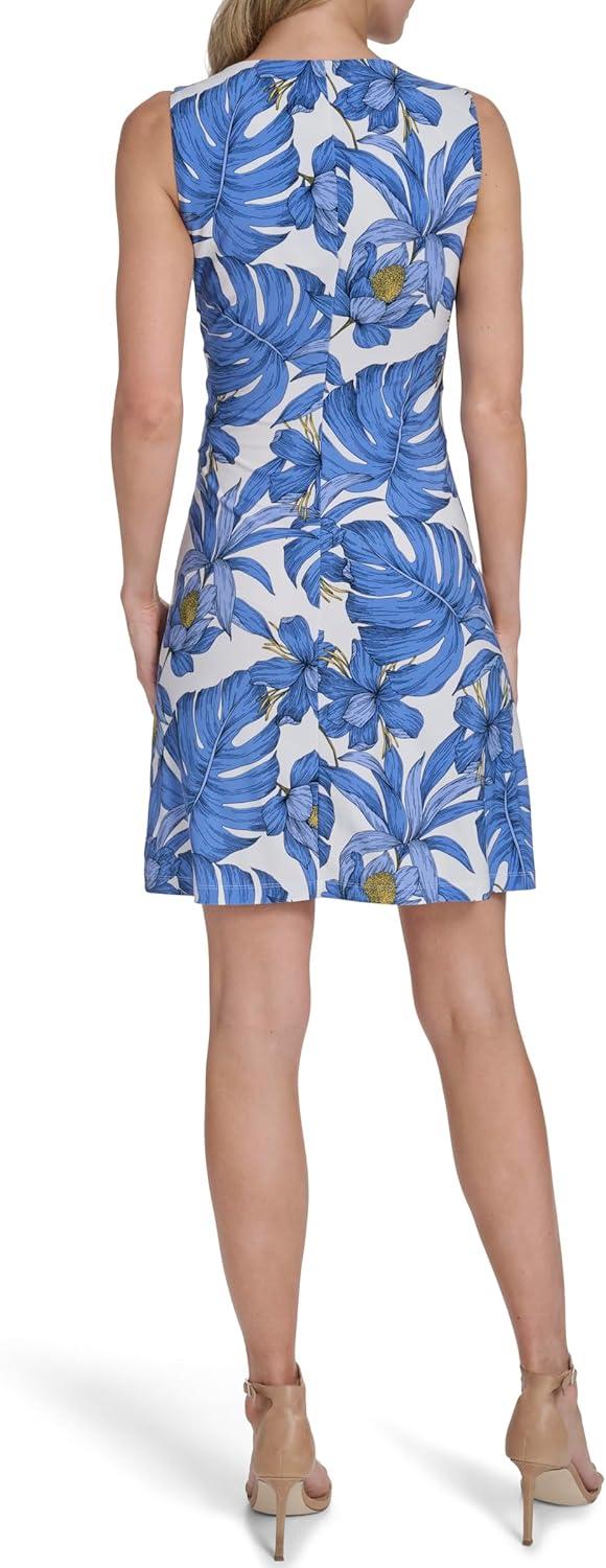 imageTommy Hilfiger Womens Sleeveless Crew Neck Floral Print Jersey Shift DressIvory French Blue