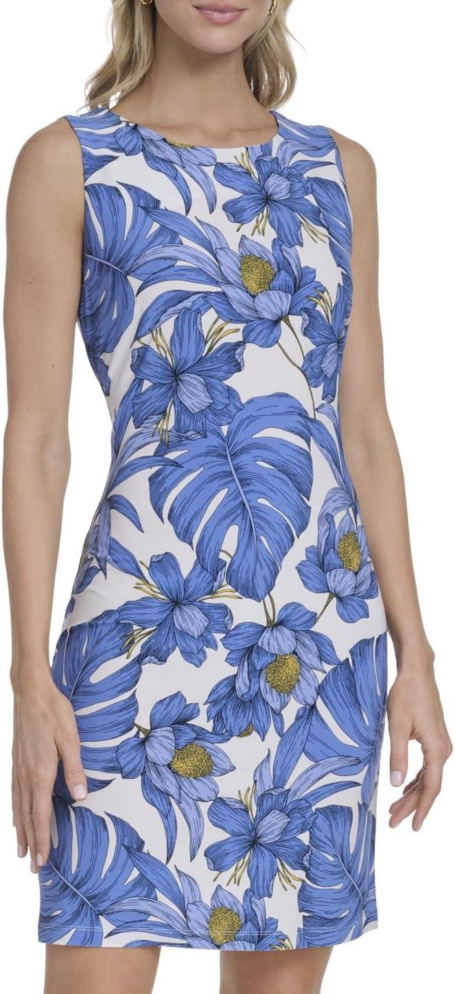 imageTommy Hilfiger Womens Sleeveless Crew Neck Floral Print Jersey Shift DressIvory French Blue
