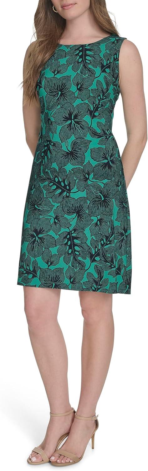 imageTommy Hilfiger Womens Sleeveless Crew Neck Floral Print Jersey Shift DressParchmentSky Captain