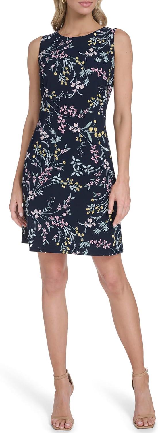 imageTommy Hilfiger Womens Sleeveless Crew Neck Floral Print Jersey Shift DressSky Captain Ballerina Pink