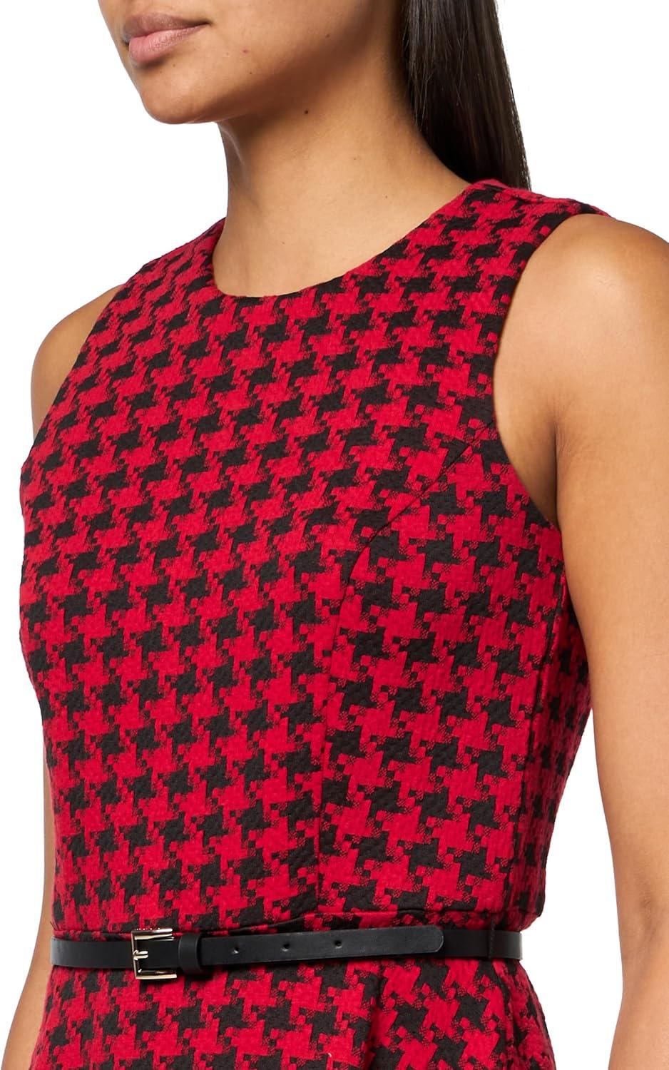 imageTommy Hilfiger Womens Sleeveless Crew Neck Pinwheel Knit Belted Fit and Flare DressBlackScarlet