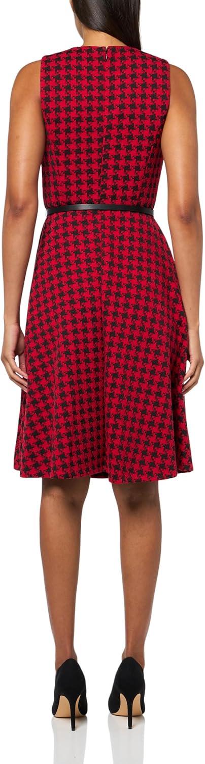 imageTommy Hilfiger Womens Sleeveless Crew Neck Pinwheel Knit Belted Fit and Flare DressBlackScarlet