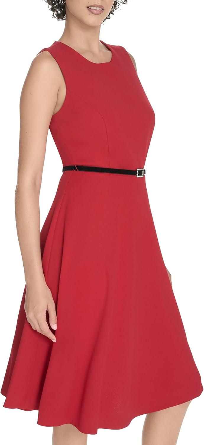 imageTommy Hilfiger Womens Sleeveless Crew Neck Pinwheel Knit Belted Fit and Flare DressDeep Scarlet
