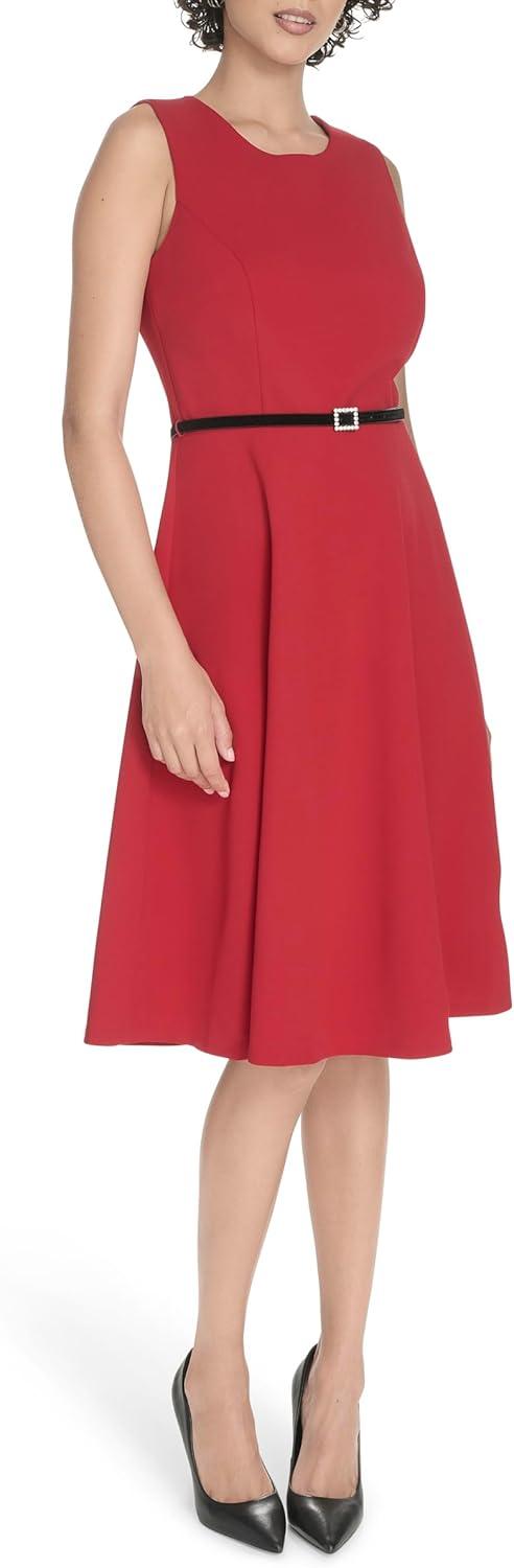 imageTommy Hilfiger Womens Sleeveless Crew Neck Pinwheel Knit Belted Fit and Flare DressDeep Scarlet