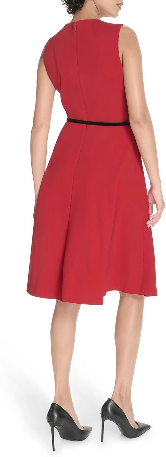 imageTommy Hilfiger Womens Sleeveless Crew Neck Pinwheel Knit Belted Fit and Flare DressDeep Scarlet