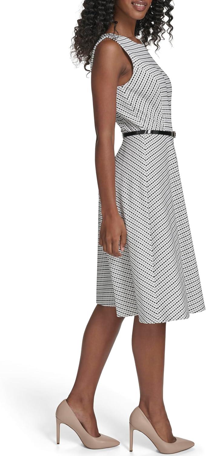 imageTommy Hilfiger Womens Sleeveless Crew Neck Pinwheel Knit Belted Fit and Flare DressIvoryBlack
