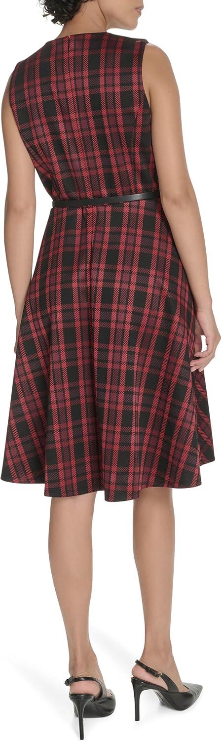 imageTommy Hilfiger Womens Sleeveless Crew Neck Pinwheel Knit Belted Fit and Flare DressScarlet Multi