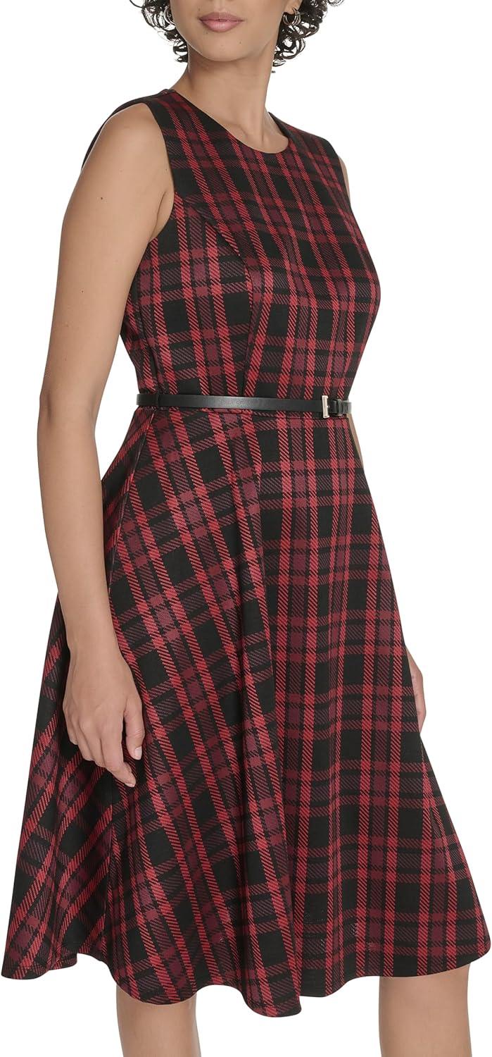 imageTommy Hilfiger Womens Sleeveless Crew Neck Pinwheel Knit Belted Fit and Flare DressScarlet Multi