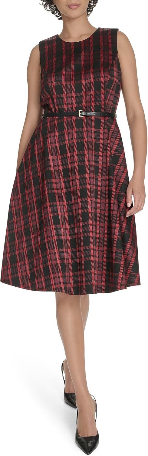 imageTommy Hilfiger Womens Sleeveless Crew Neck Pinwheel Knit Belted Fit and Flare DressScarlet Multi